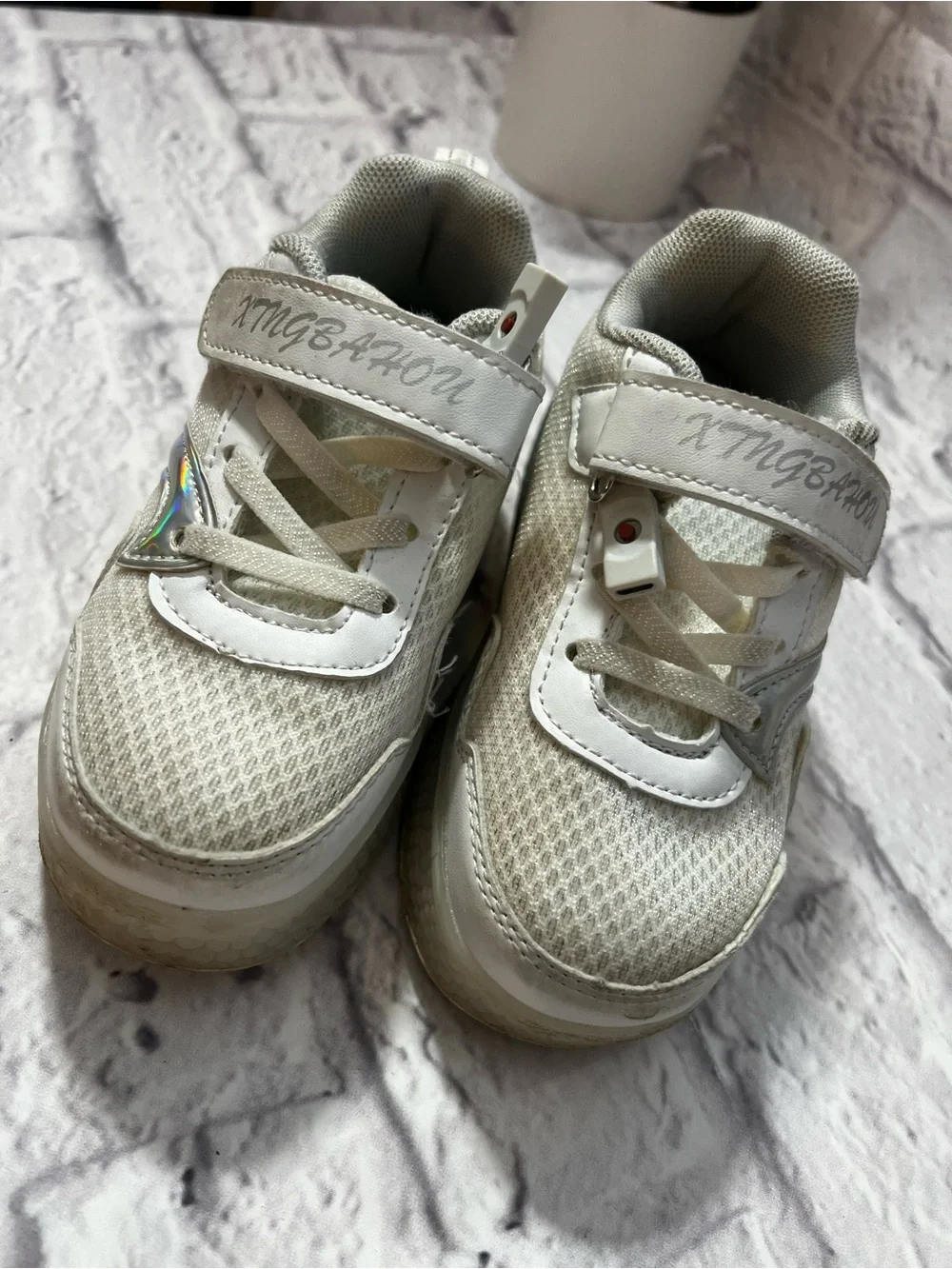Kids White Sneakers with Holographic Accent and Hook-and-Loop Strap